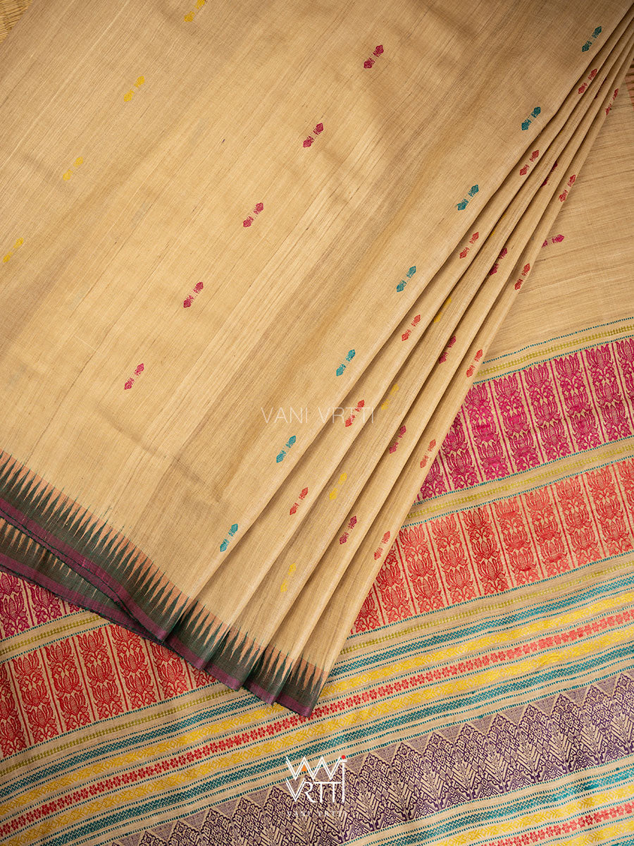 Natural Tussar Mehendi Bottle Green Ananta Handspun Tussar Silk Saree