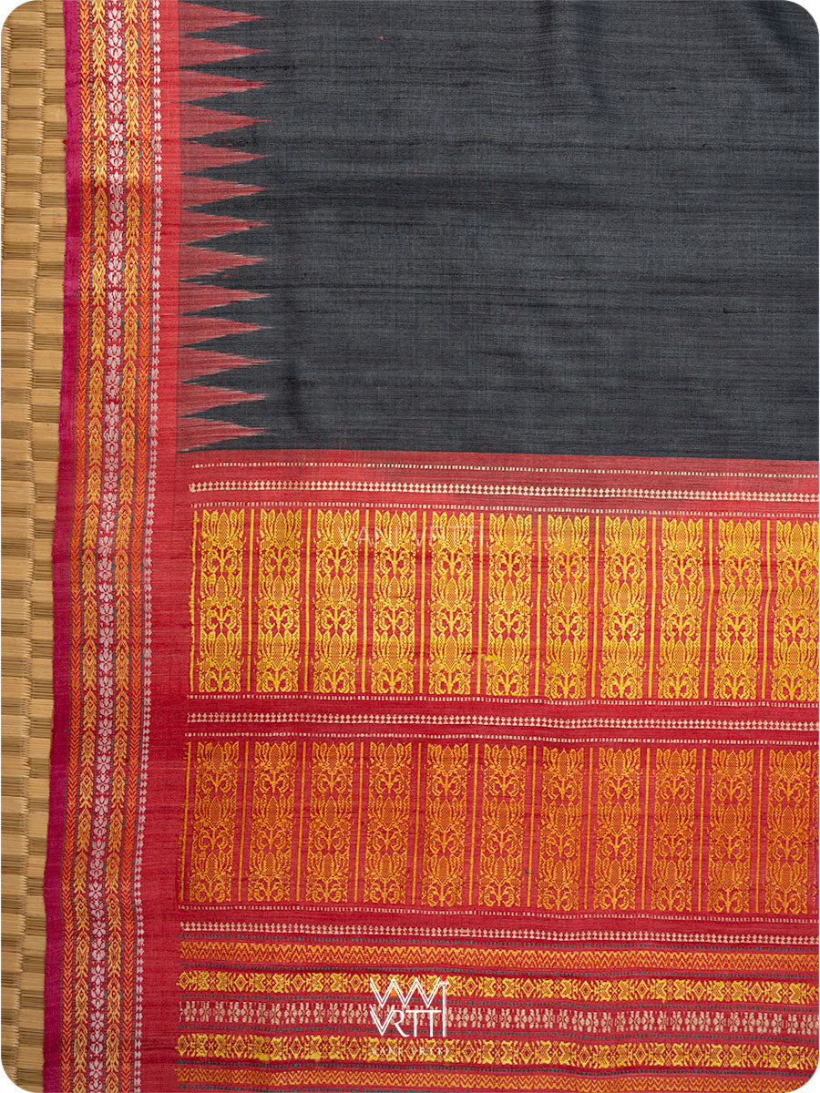 Black Red Orange Ganga Jamuna Ananta Handspun Tussar Silk Saree