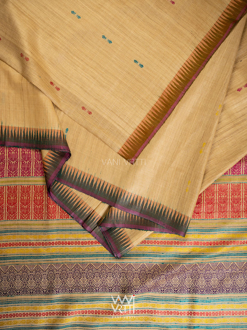 Natural Tussar Mehendi Bottle Green Ananta Handspun Tussar Silk Saree