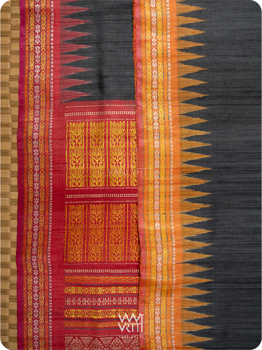 Black Red Orange Ganga Jamuna Ananta Handspun Tussar Silk Saree
