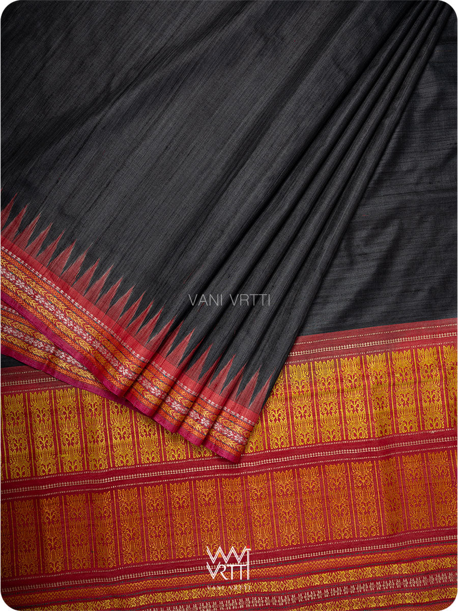 Black Red Orange Ganga Jamuna Ananta Handspun Tussar Silk Saree