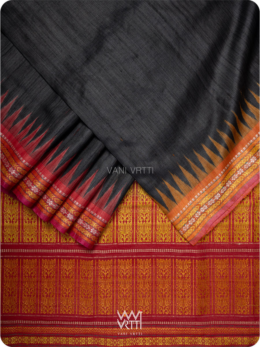 Black Red Orange Ganga Jamuna Ananta Handspun Tussar Silk Saree