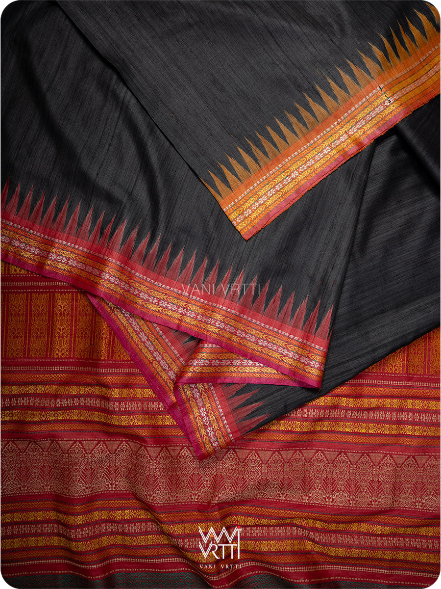 Black Red Orange Ganga Jamuna Ananta Handspun Tussar Silk Saree