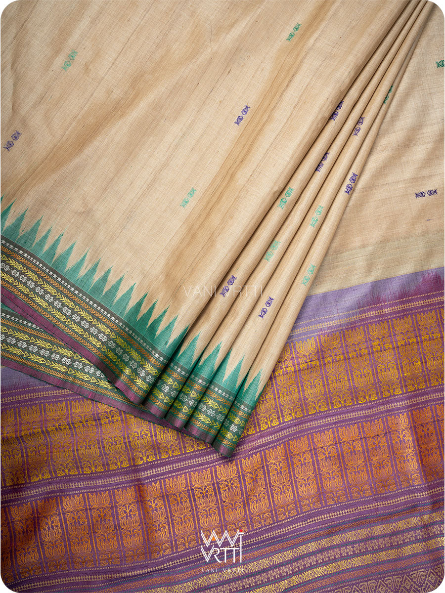 Off White Purple Green Ananta Handspun Tussar Silk Sari