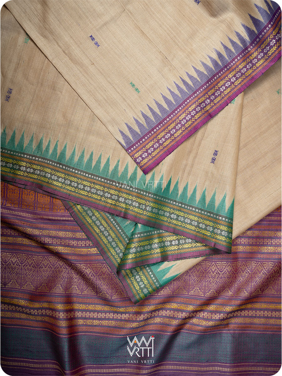 Off White Purple Green Ananta Handspun Tussar Silk Sari