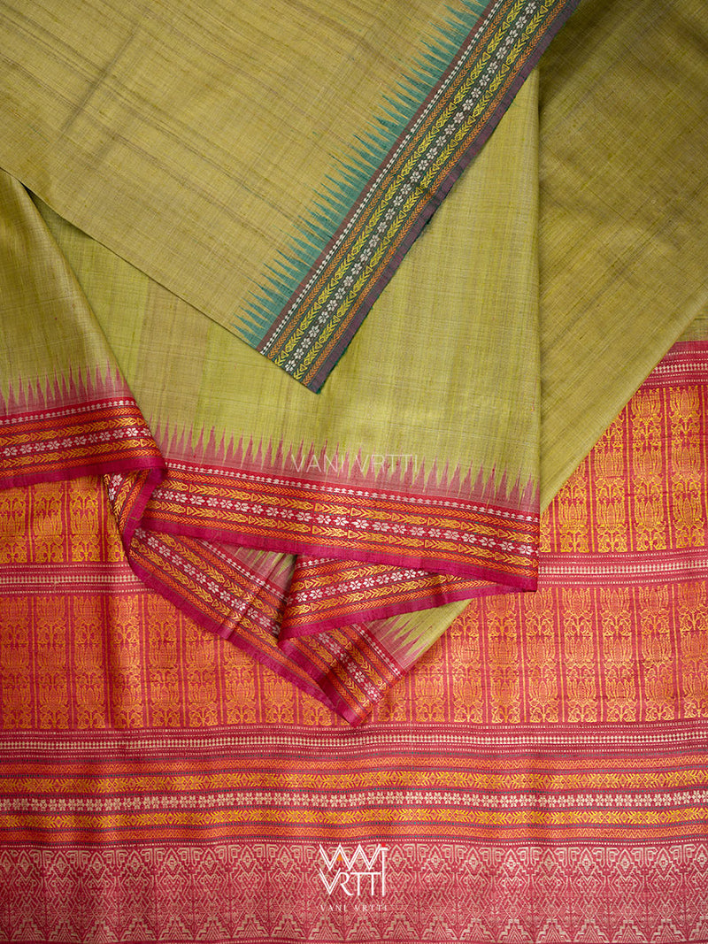 Light Olive Green Red Ganga Jamuna Ananta Handspun Tussar Silk Saree