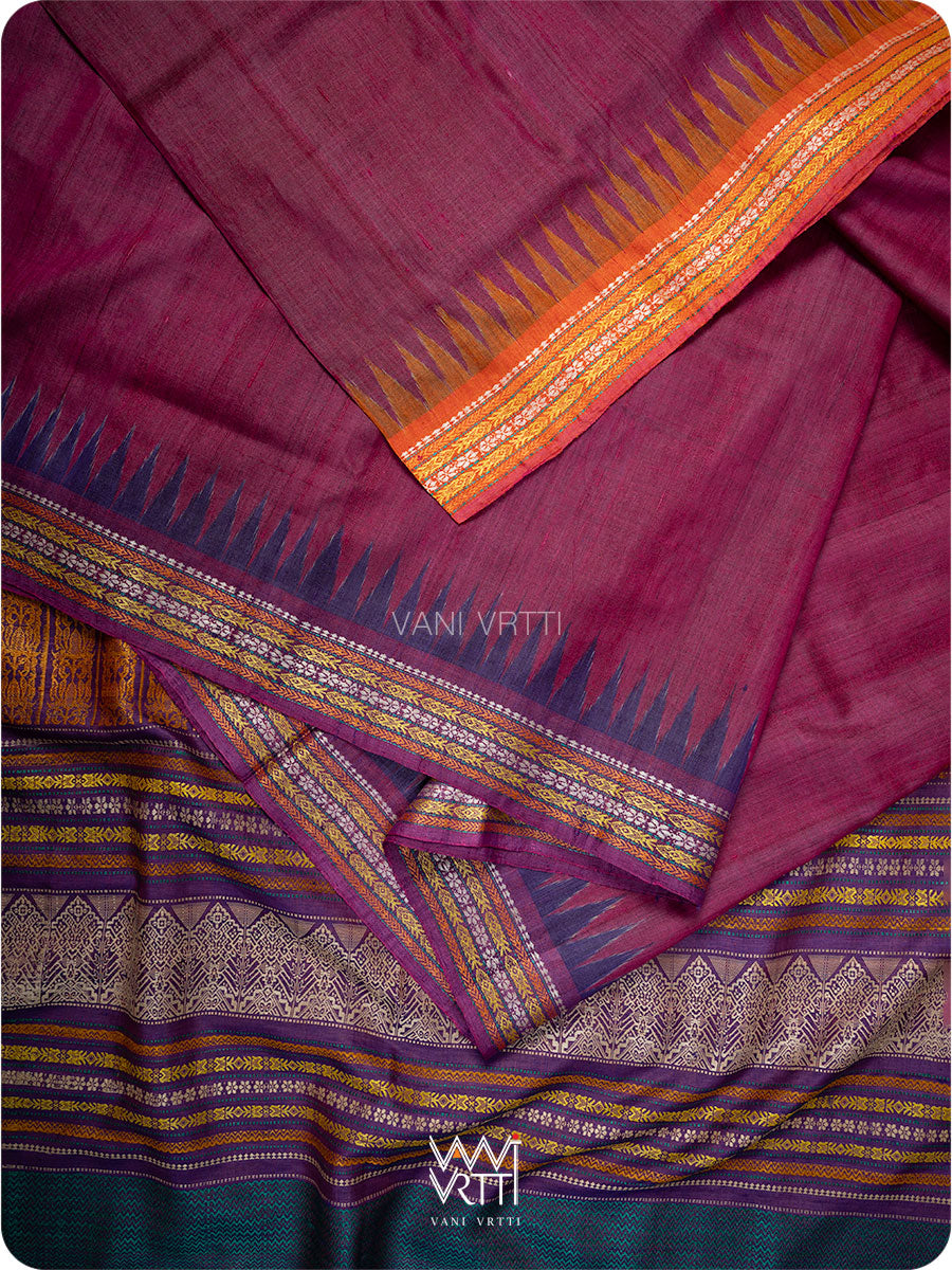 Burgundy Pink Purple Orange Ganga Jamuna Ananta Handspun Tussar Silk Saree