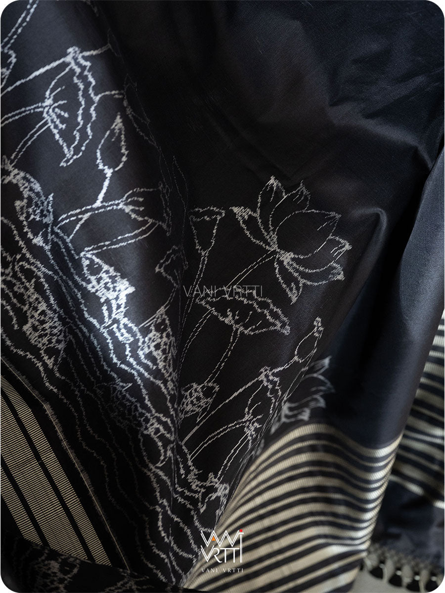Black Lotus Pond Designer Pure Mulberry Silk Ikat Saree