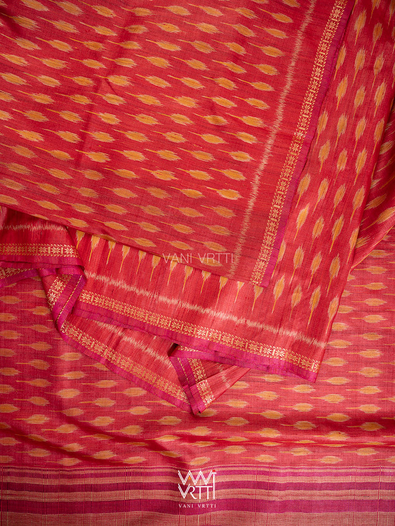 Red Orange Kadamba Ikat Handspun Tussar Silk Saree