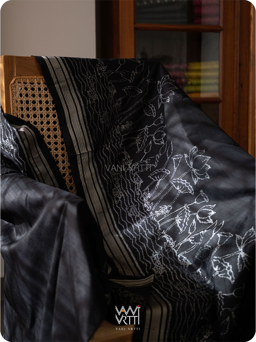 Black Lotus Pond Designer Pure Mulberry Silk Ikat Saree