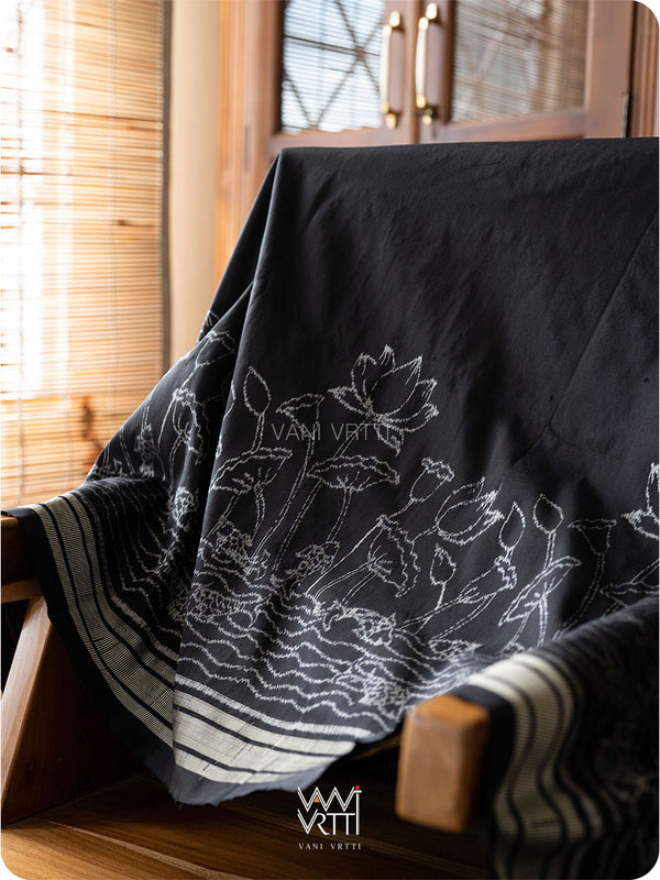 Black Lotus Pond Designer Pure Mulberry Silk Ikat Saree