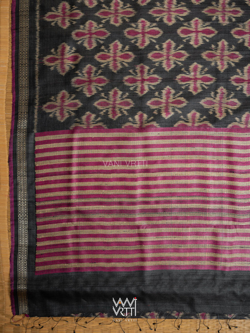 Black Pink Rangan Phool Ikat Handspun Tussar Silk Saree