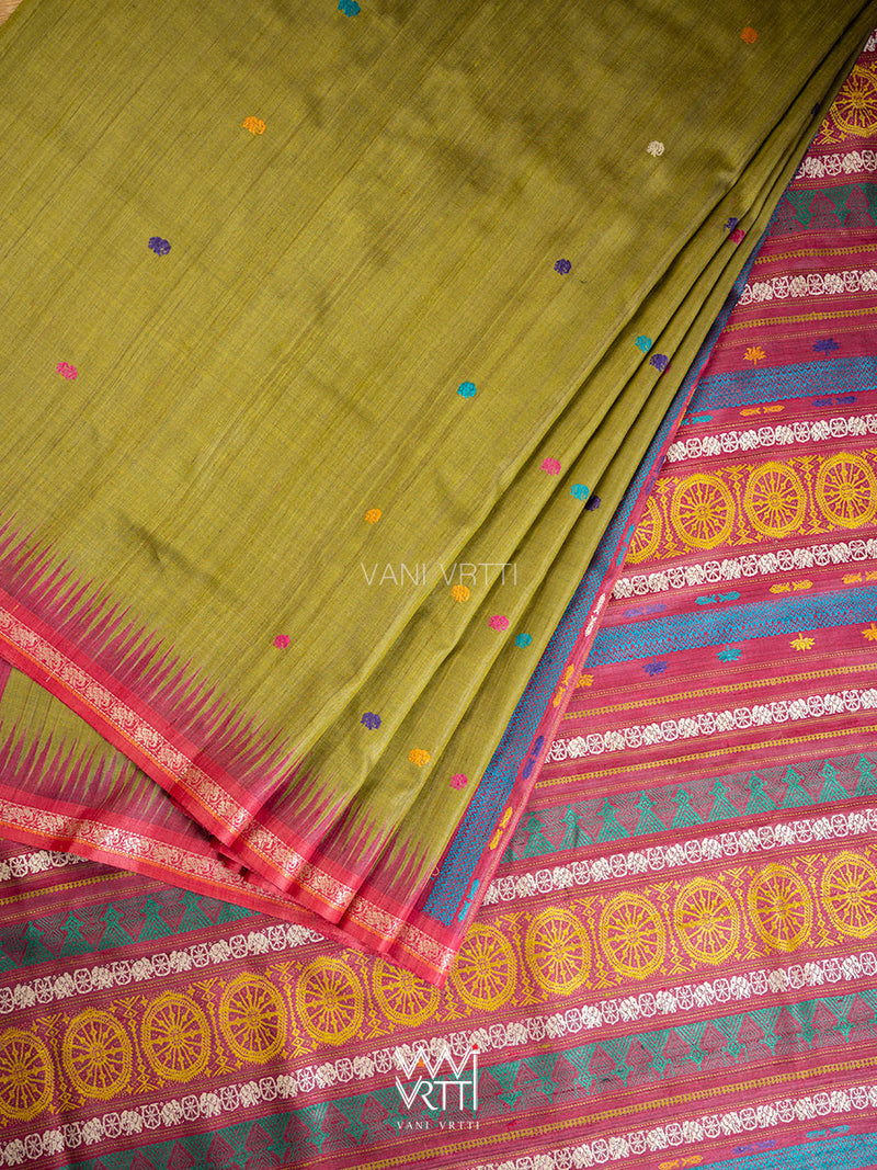 Mehendi Green Magenta Airavata Konark Double Palla Handspun Tussar Silk Saree