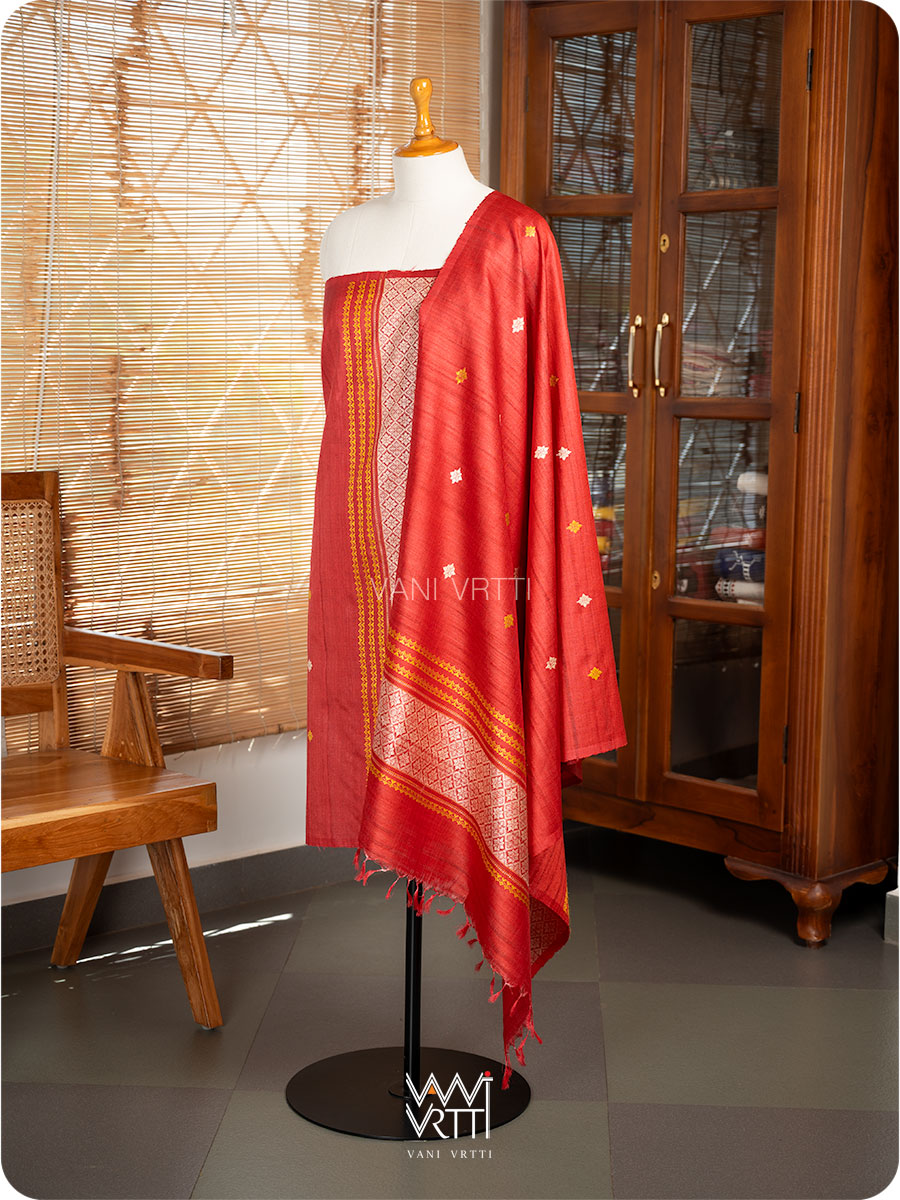 Watermalon Red Dahlia Phool Handspun Tussar Silk Dupatta