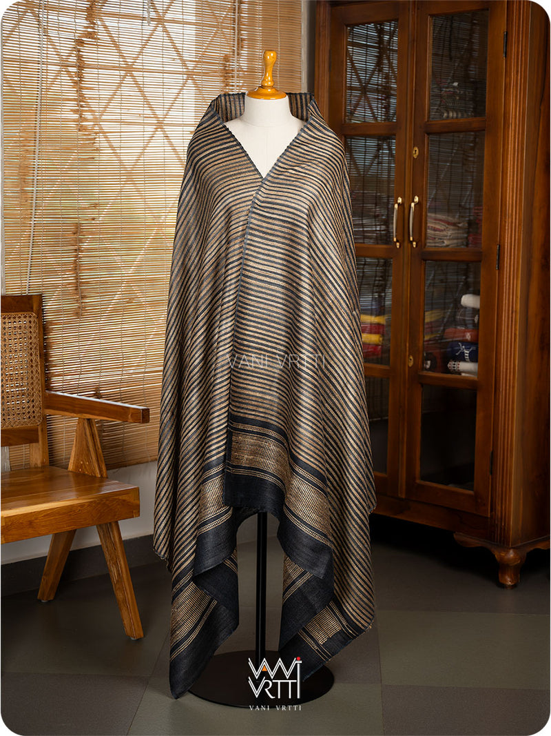 Black Natural Stripe Rekha Ghicha Handspun Tussar Silk Dupatta