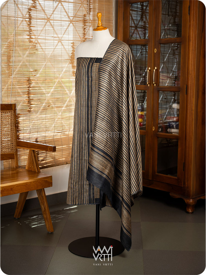 Black Natural Stripe Rekha Ghicha Handspun Tussar Silk Dupatta
