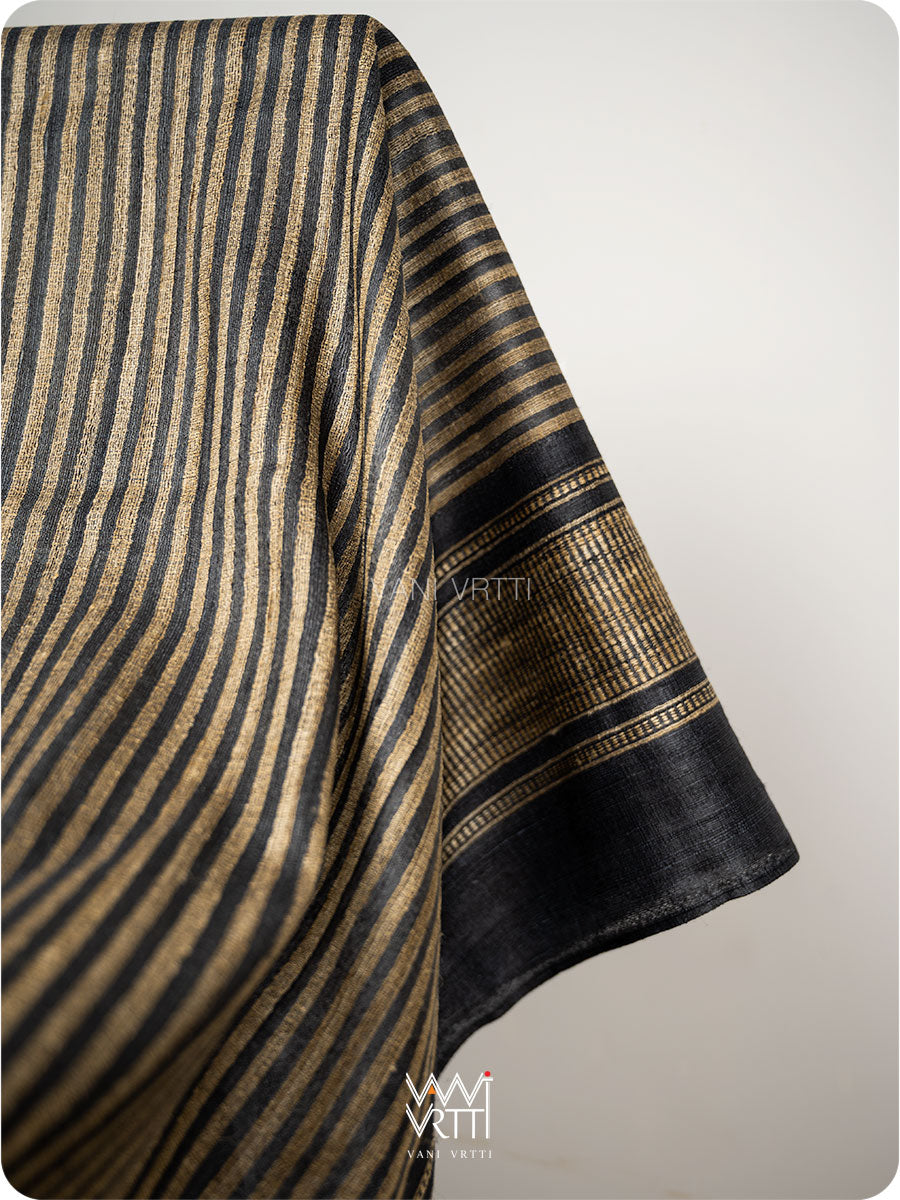 Black Natural Stripe Rekha Ghicha Handspun Tussar Silk Dupatta