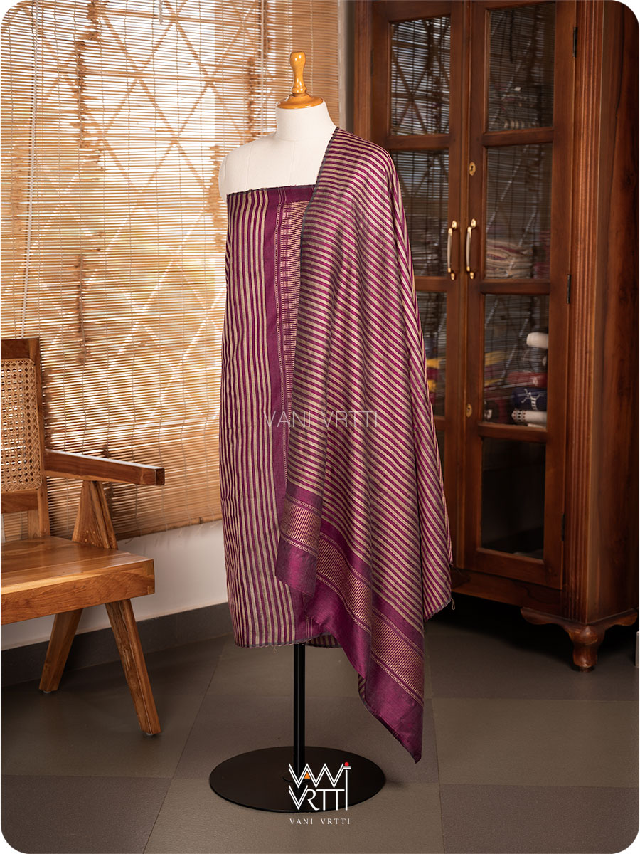 Wine Pink Natural Stripe Rekha Handspun Tussar Silk Dupatta
