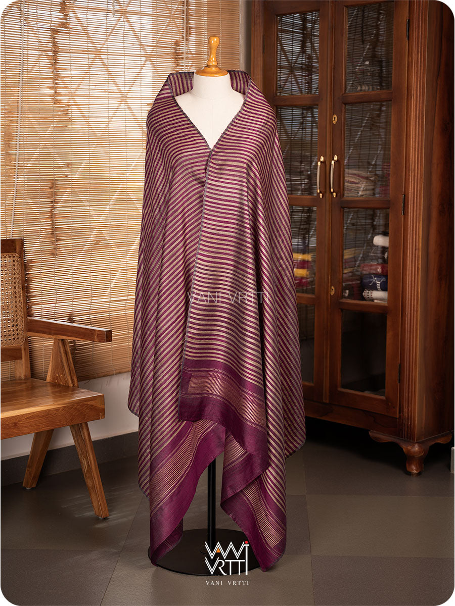 Wine Pink Natural Stripe Rekha Handspun Tussar Silk Dupatta