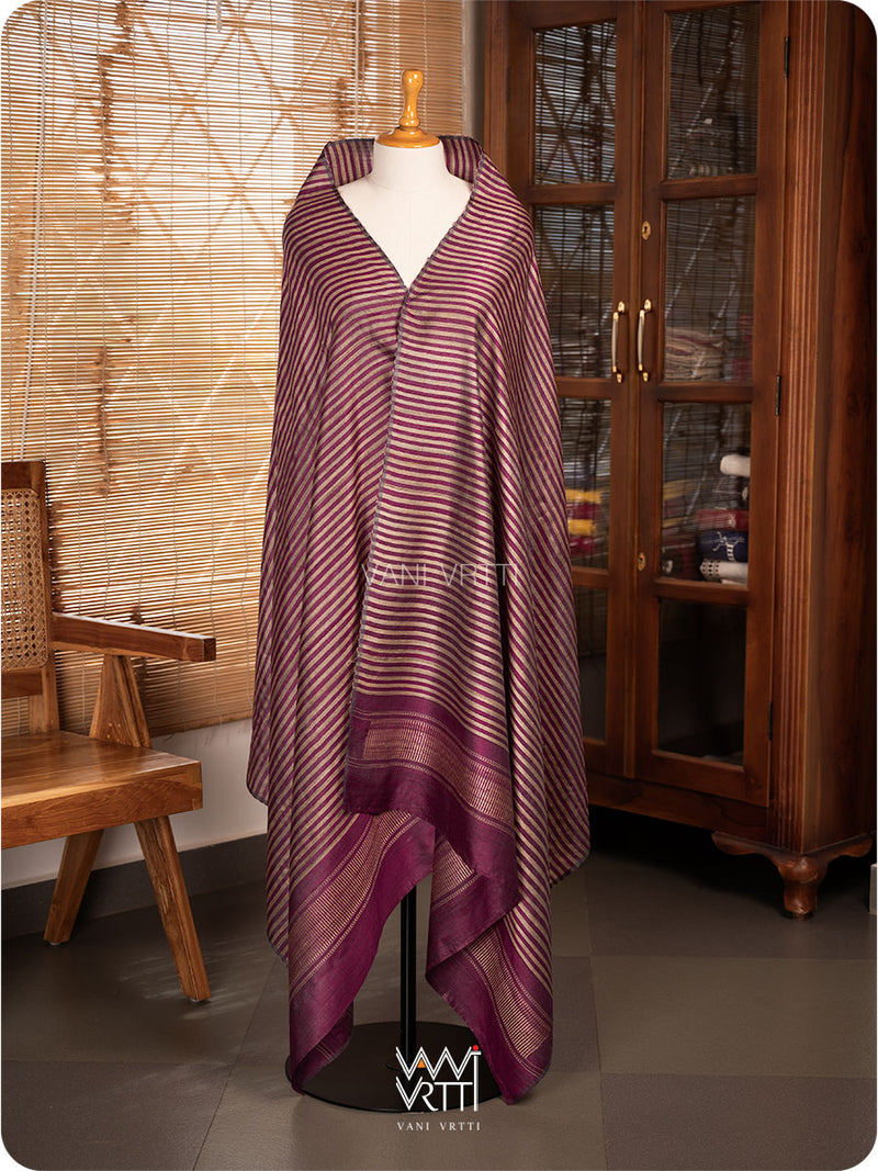 Wine Pink Natural Stripe Rekha Handspun Tussar Silk Dupatta