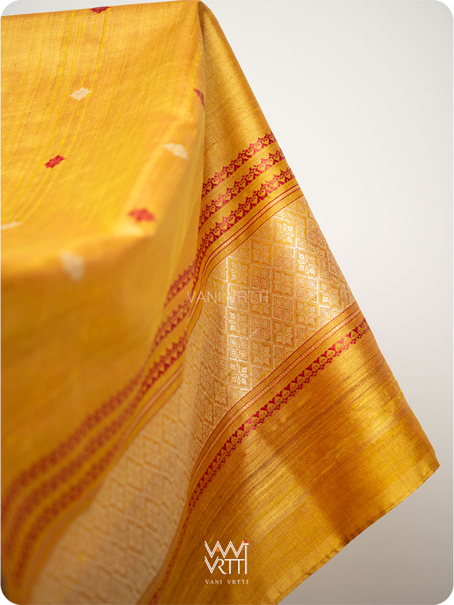 Mango Yellow Dahlia Phool Handspun Tussar Silk Dupatta