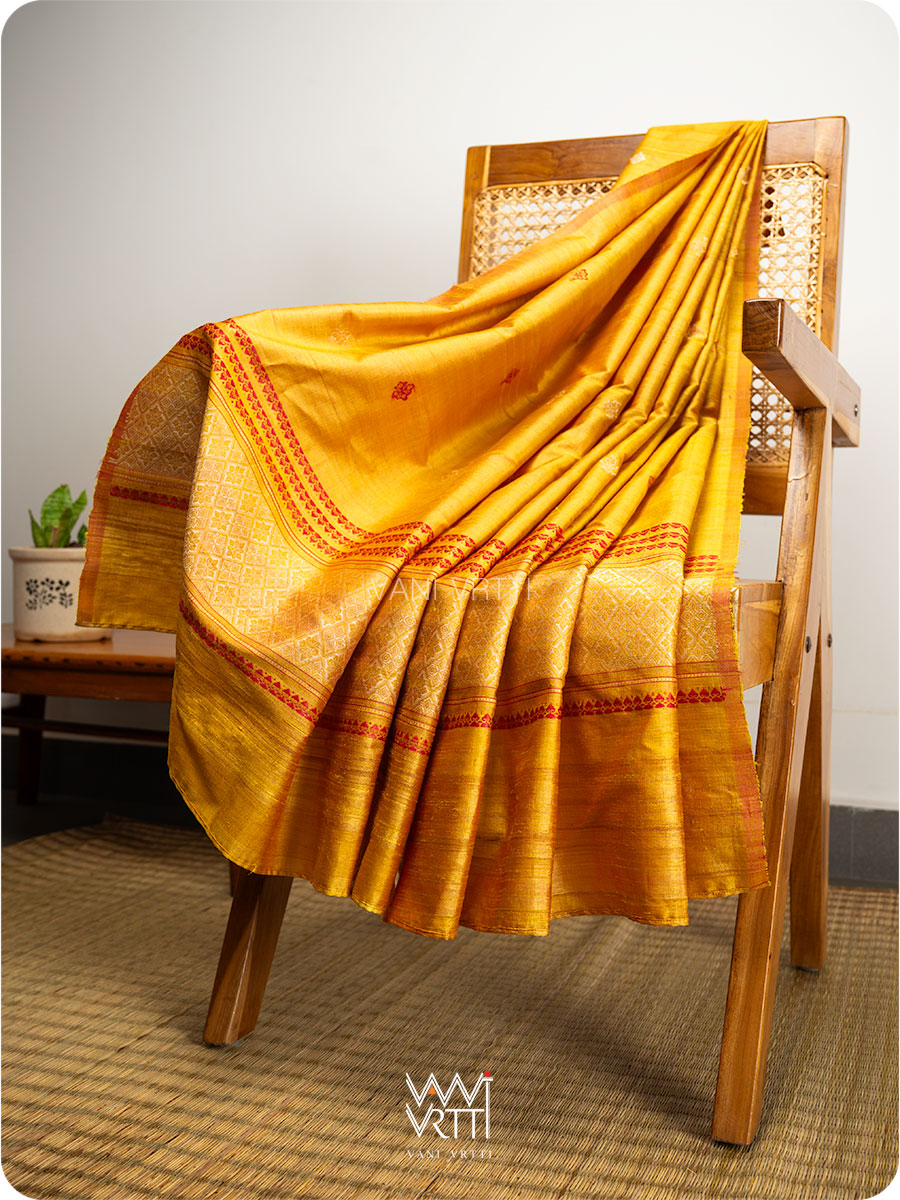 Mango Yellow Dahlia Phool Handspun Tussar Silk Dupatta