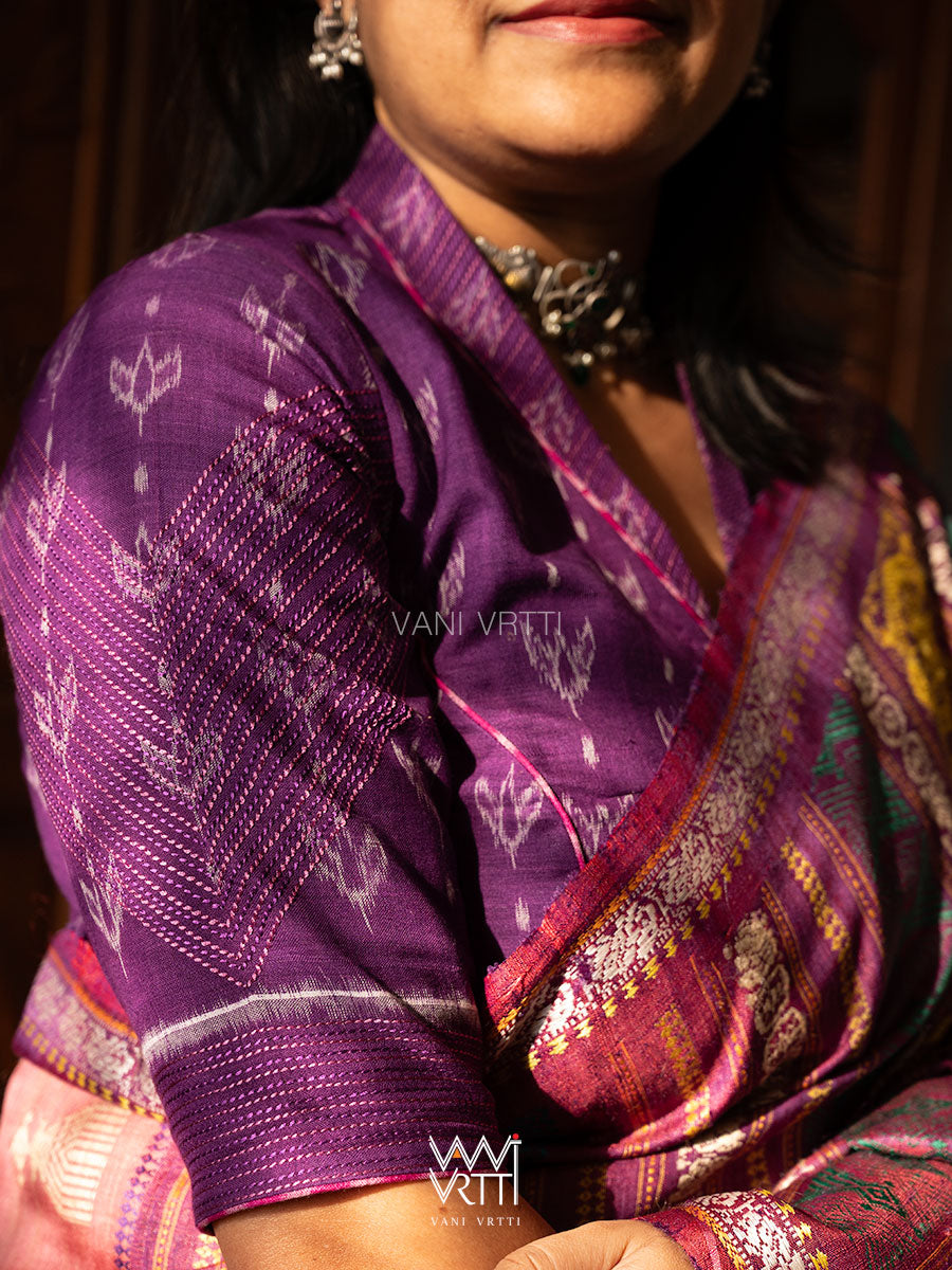 Purple Lotus Bud Collared Cotton Ikat Blouse