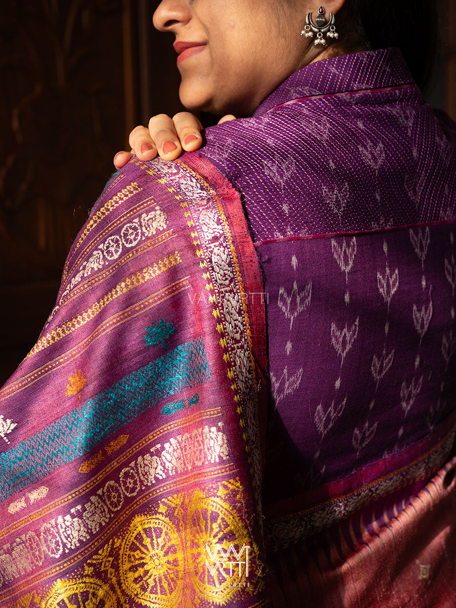 Purple Lotus Bud Collared Cotton Ikat Blouse