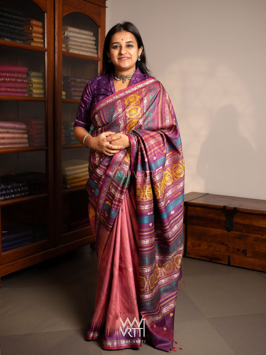 Rose Pink Purple Airavata Konark Double Palla Handspun Tussar Silk Saree