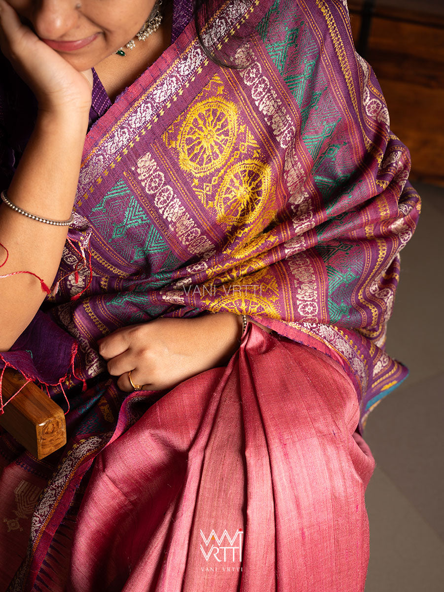 Rose Pink Purple Airavata Konark Double Palla Handspun Tussar Silk Saree