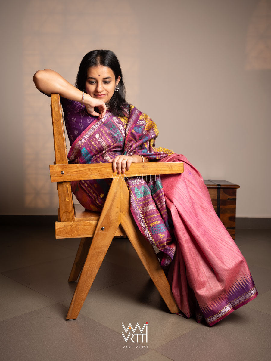 Rose Pink Purple Airavata Konark Double Palla Handspun Tussar Silk Saree