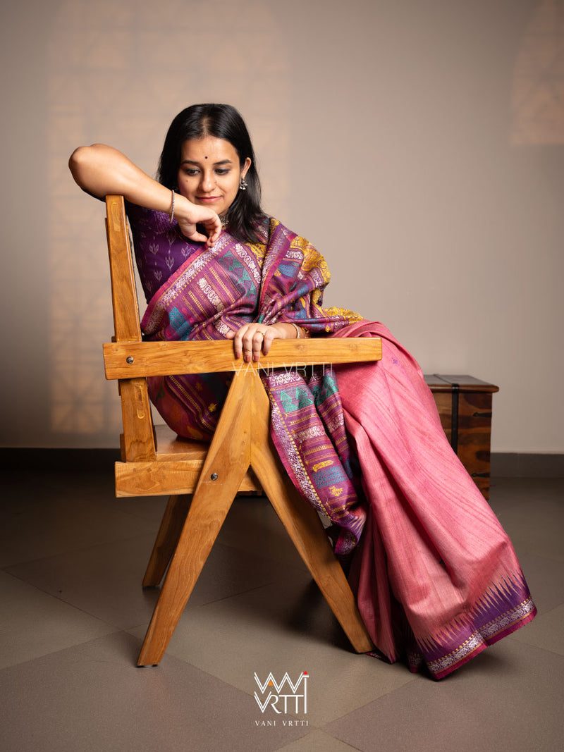 Rose Pink Purple Airavata Konark Double Palla Handspun Tussar Silk Saree