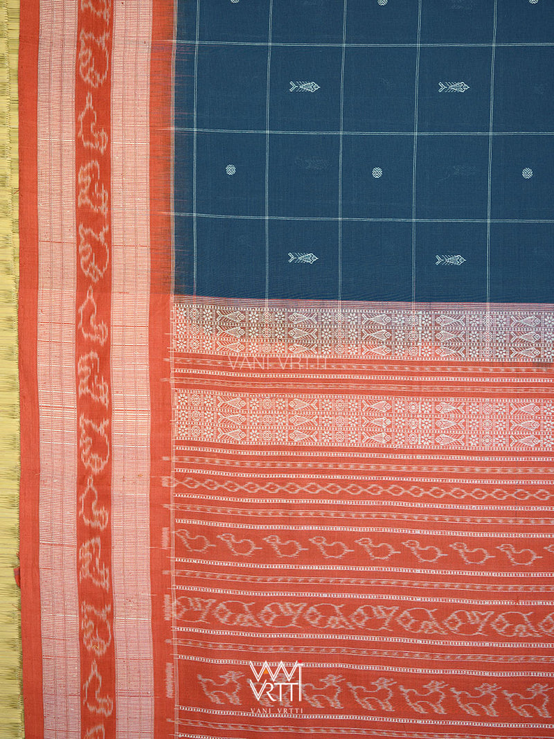 Indigo Blue Madder Matsya Checks Natural Dyed Cotton Ikat Saree