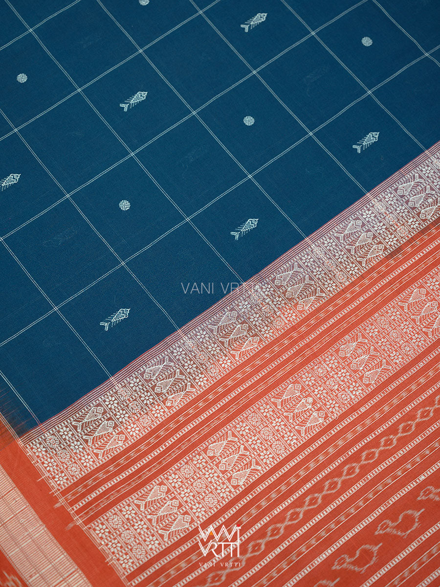 Indigo Blue Madder Matsya Checks Natural Dyed Cotton Ikat Saree