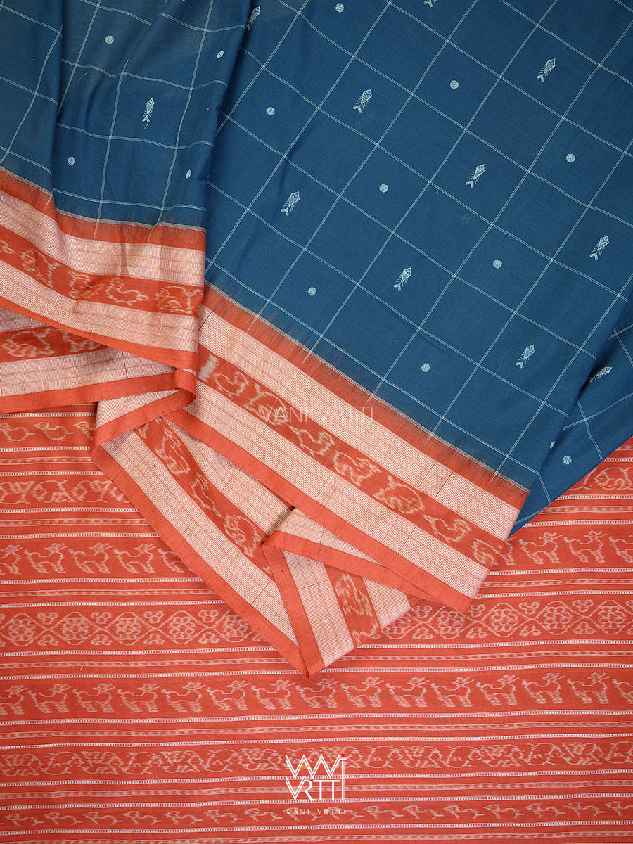 Indigo Blue Madder Matsya Checks Natural Dyed Cotton Ikat Saree