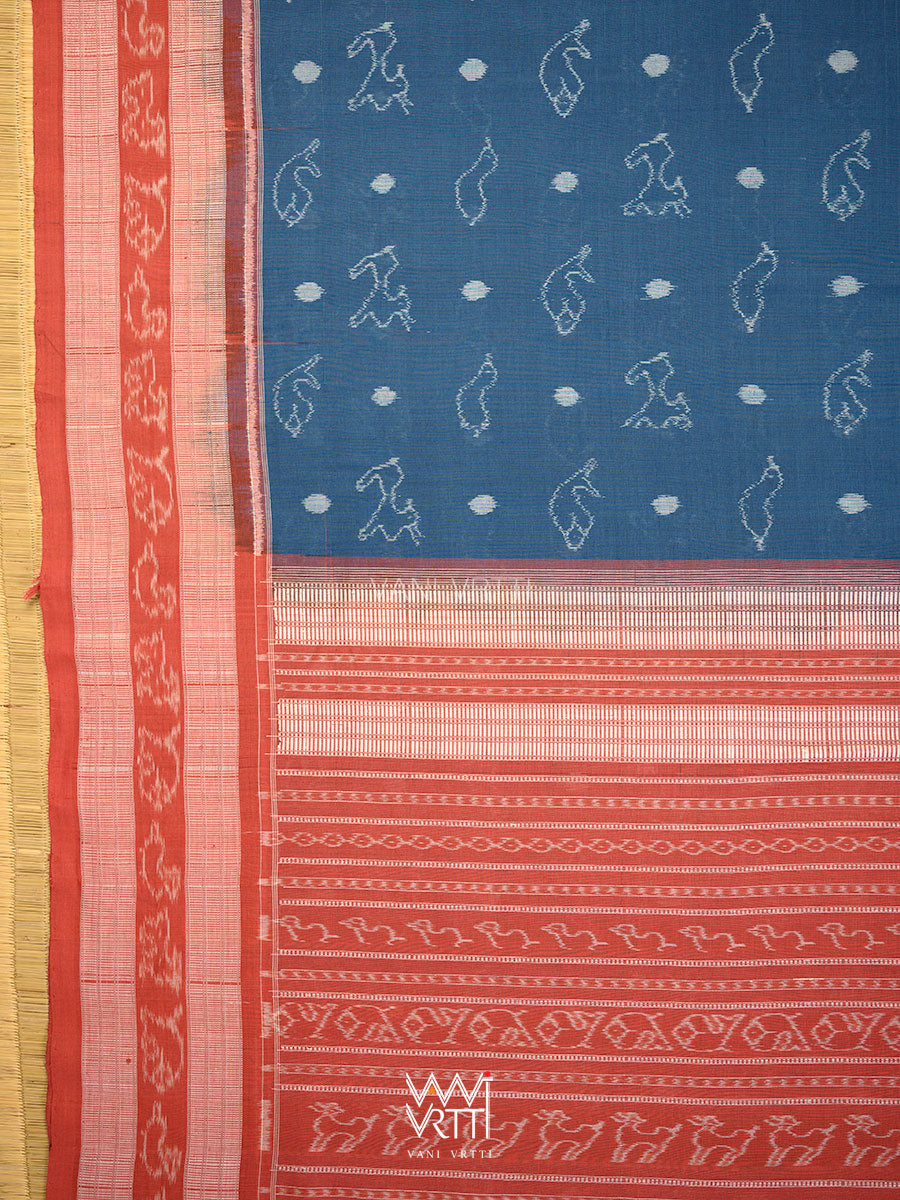 Indigo Blue Red Hiran Sunaya Natural Dyed Cotton Ikat Saree