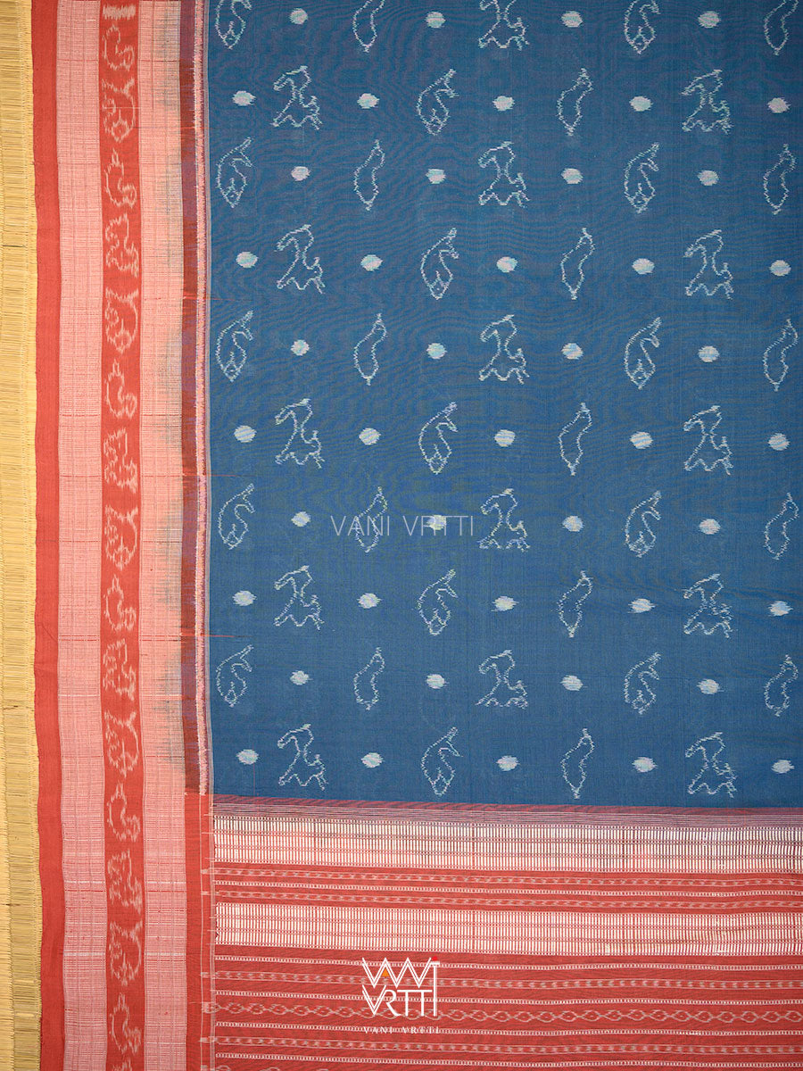 Indigo Blue Red Hiran Sunaya Natural Dyed Cotton Ikat Saree