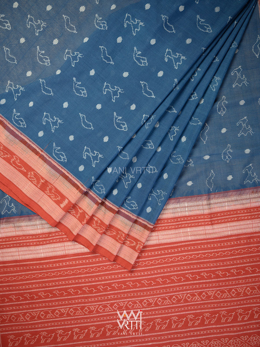 Indigo Blue Red Hiran Sunaya Natural Dyed Cotton Ikat Saree