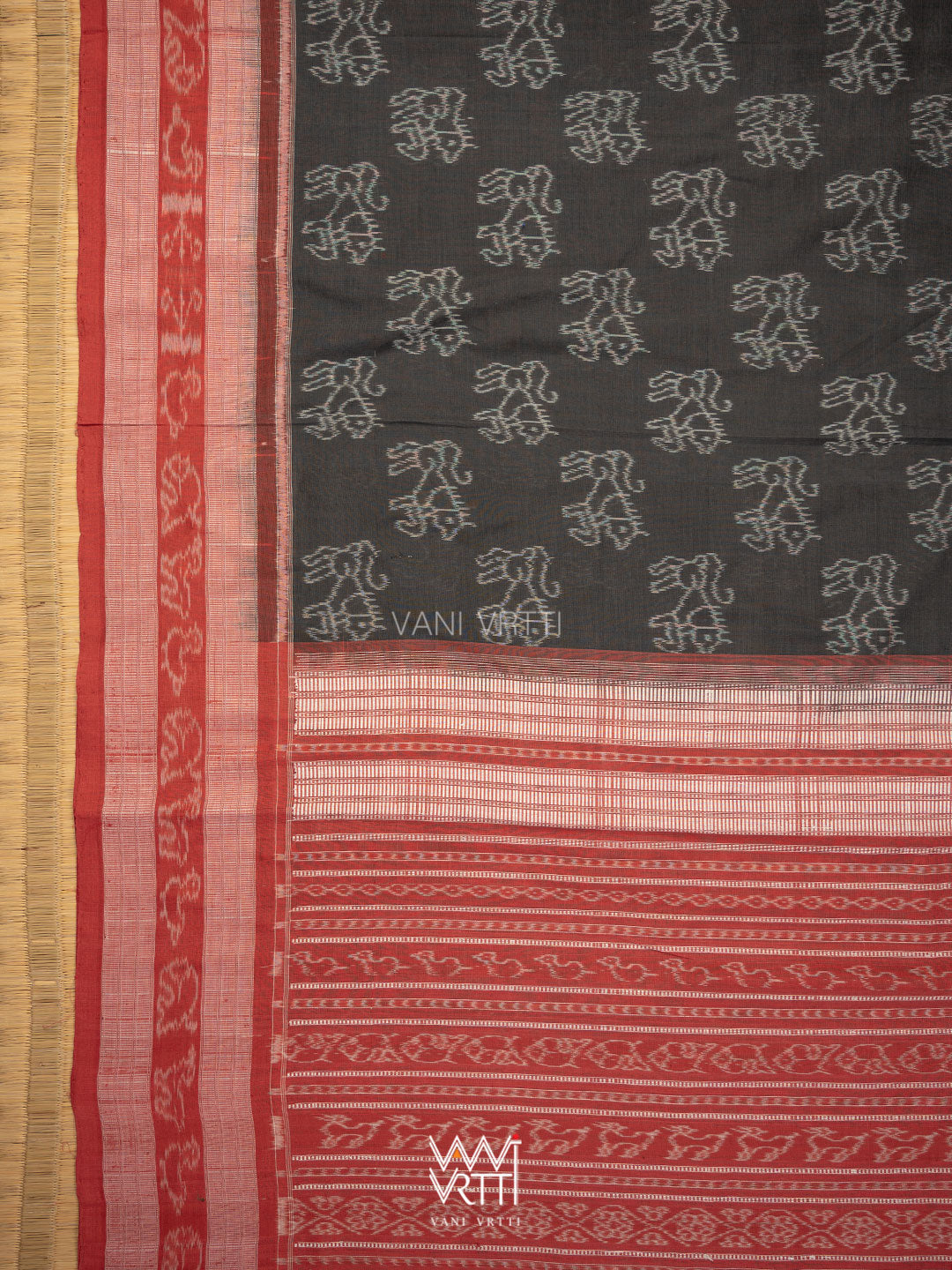 Black Red Lion Natural Dyed Cotton Ikat Saree