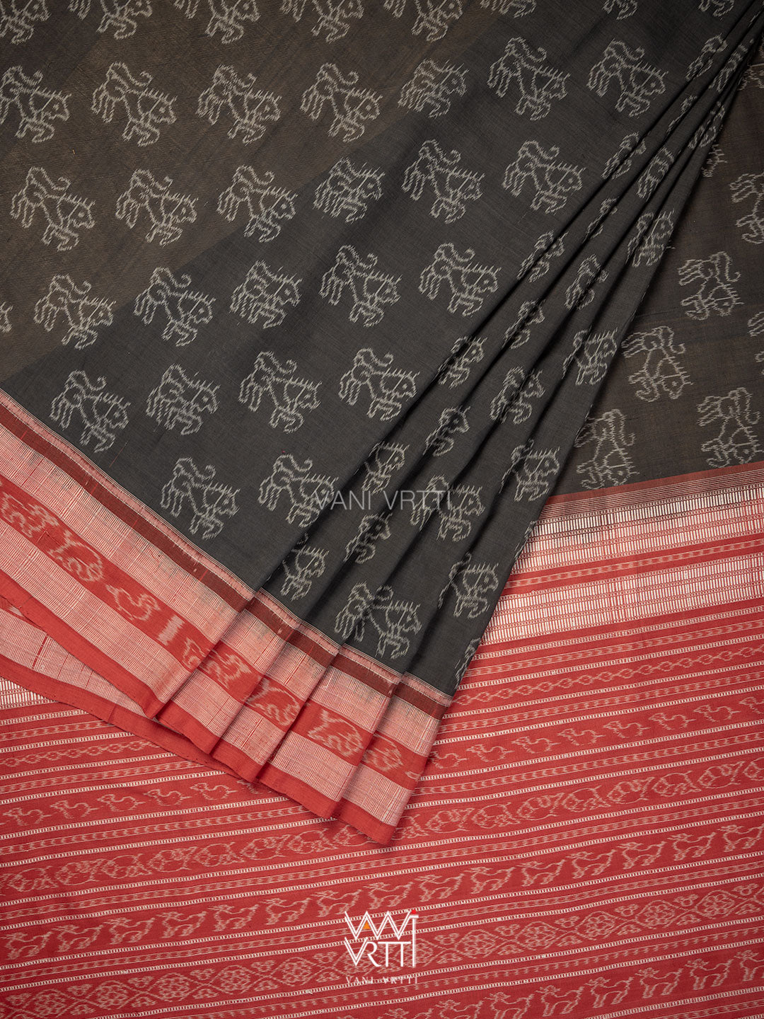 Black Red Lion Natural Dyed Cotton Ikat Saree
