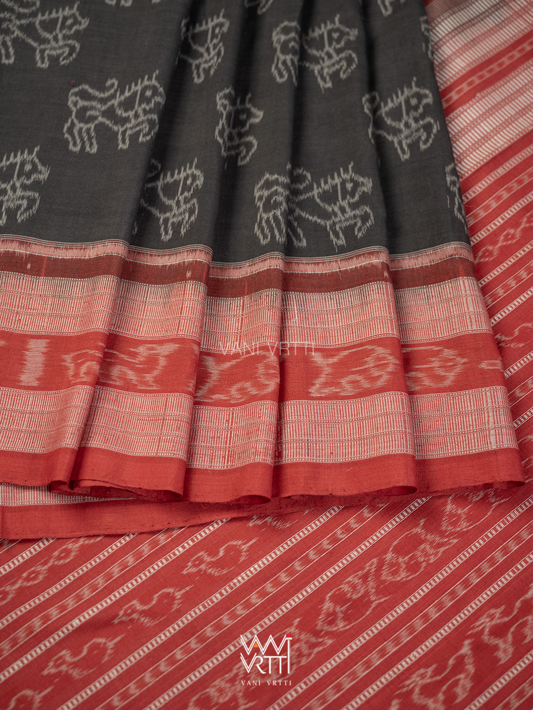 Black Red Lion Natural Dyed Cotton Ikat Saree