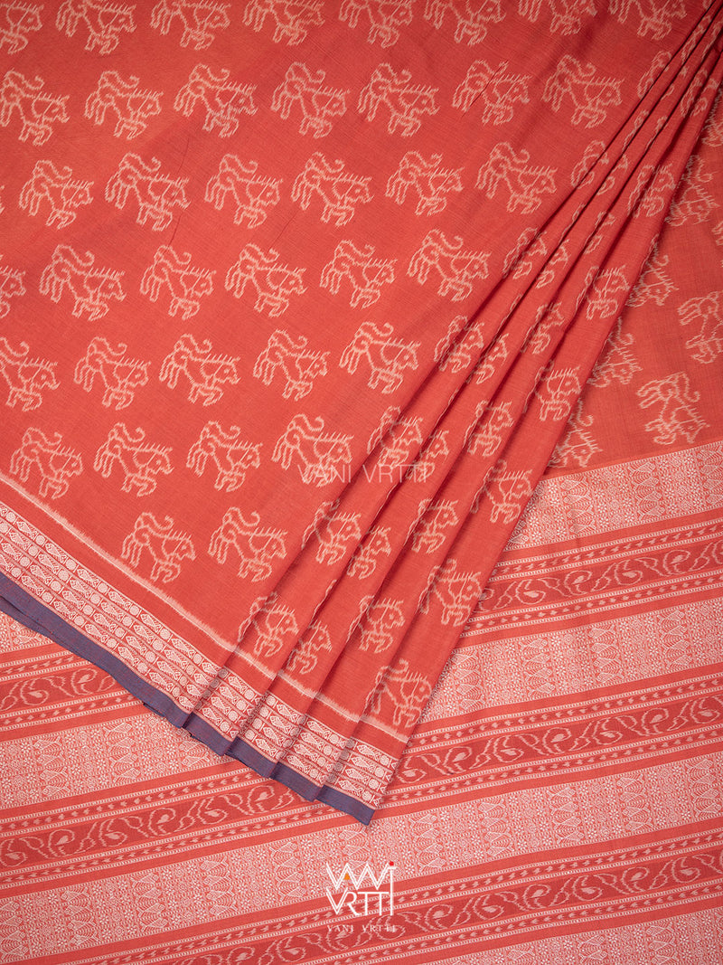 Manjistha Red Singha Lion Natural Dyed Cotton Ikat Saree