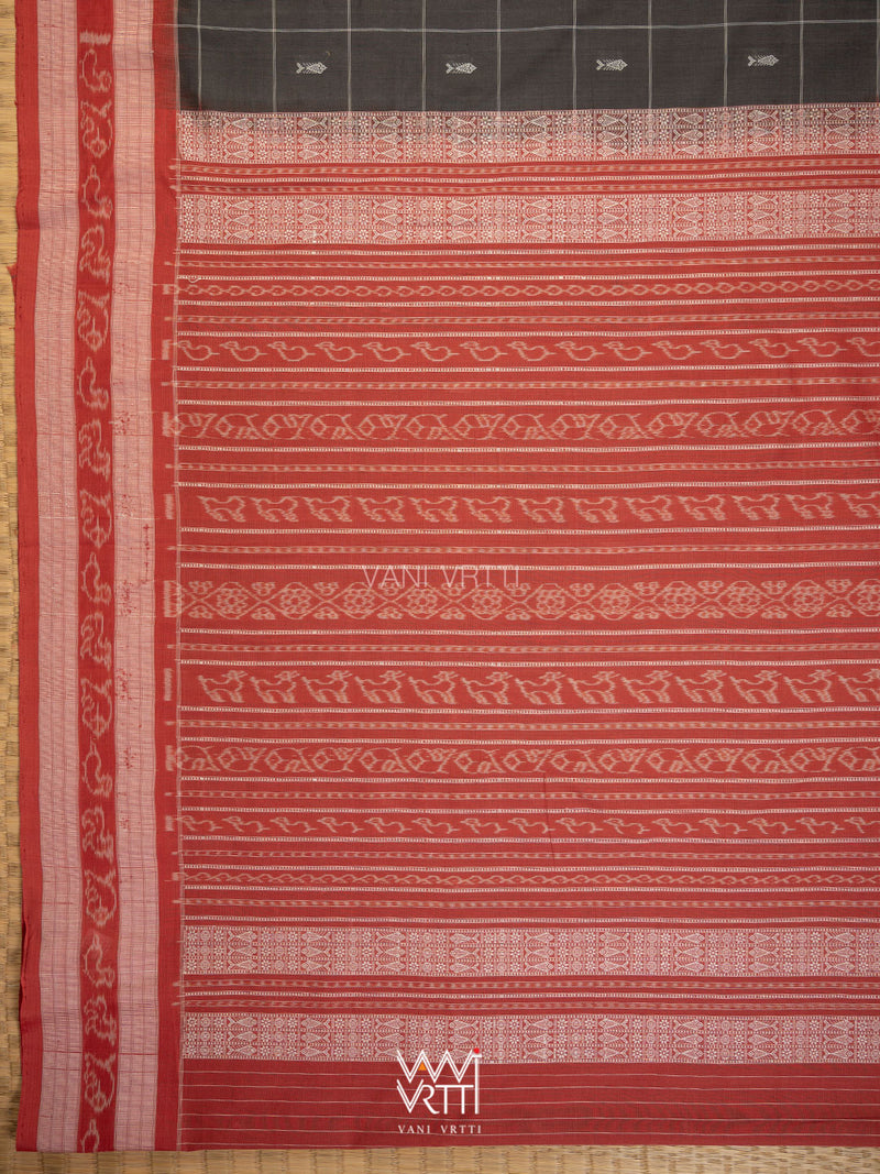 Black Madder Matsya Checks Natural Dyed Cotton Ikat Saree