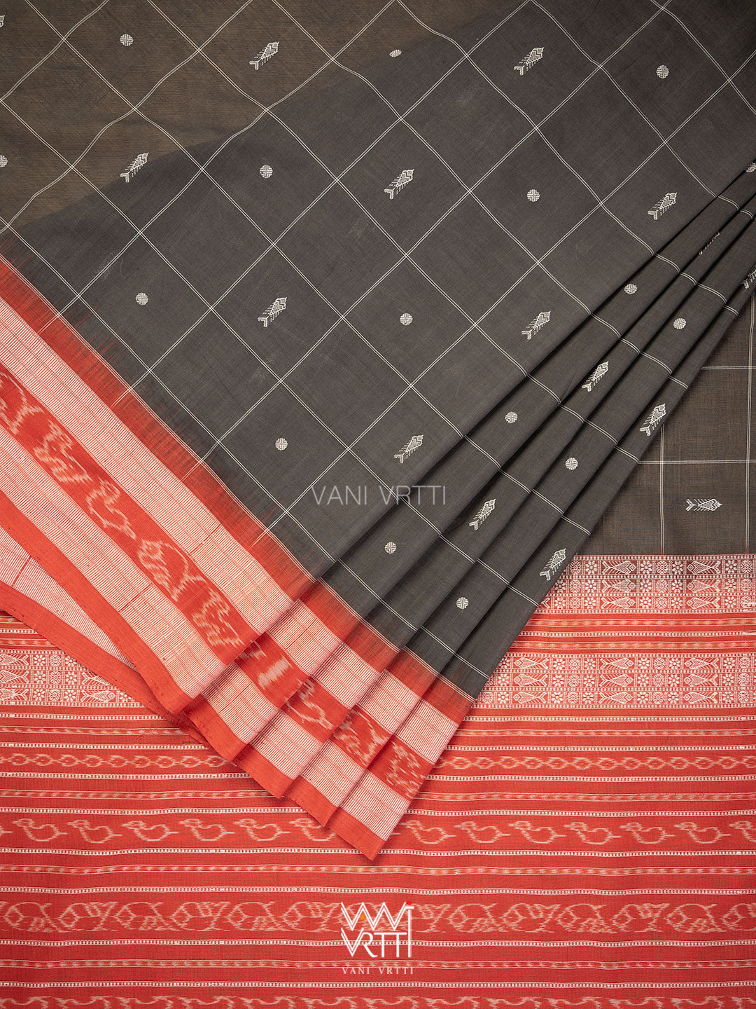 Black Madder Matsya Checks Natural Dyed Cotton Ikat Saree