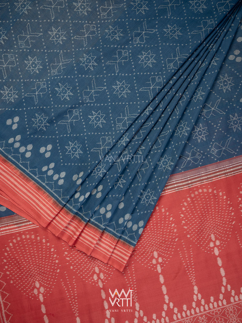 Indigo Blue Red Jotai Natural Dyed Cotton Ikat Saree
