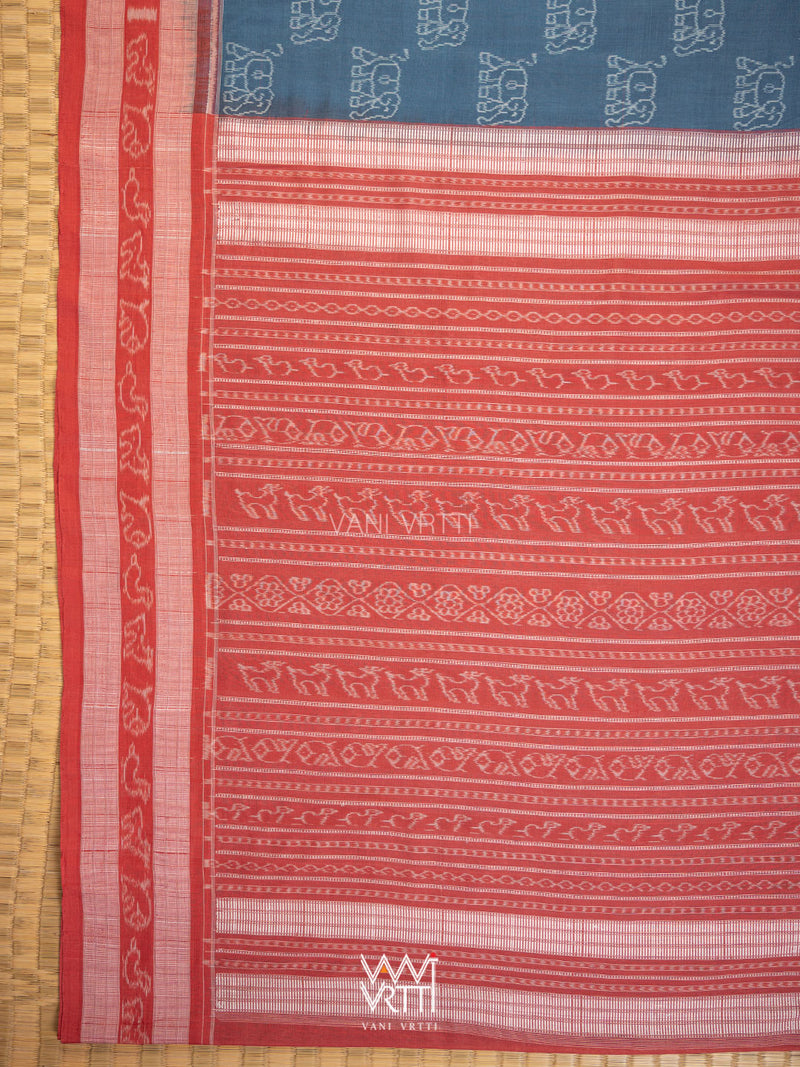 Indigo Blue Madder Hathi Natural Dyed Cotton Ikat Saree