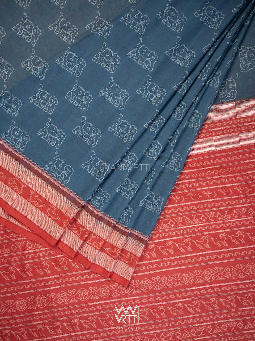 Indigo Blue Madder Hathi Natural Dyed Cotton Ikat Saree