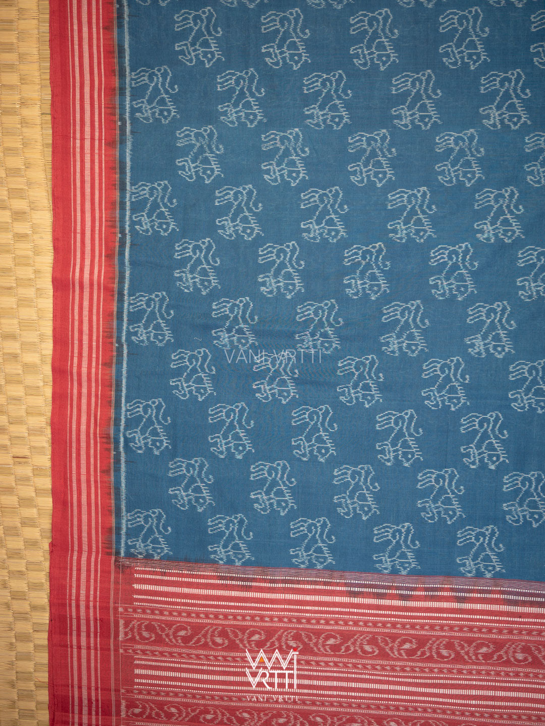 Indigo Blue Red Lion Natural Dyed Cotton Ikat Saree
