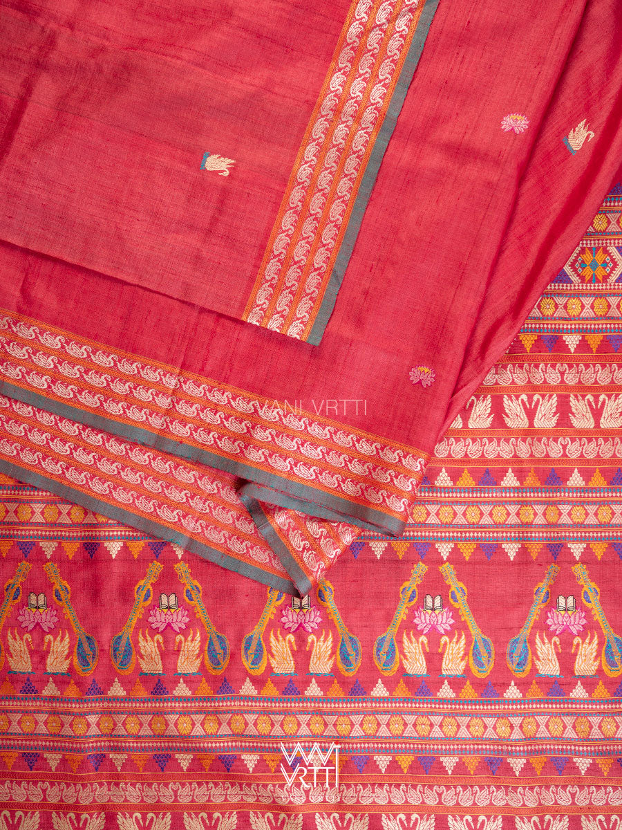 Watermelon Red Veena Pani Lata Master Weave Exclusive Handspun Tussar Silk Saree