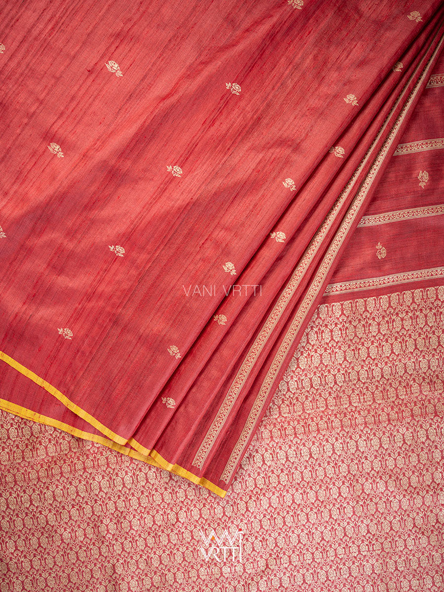 Ruby Red Gulab Jaal Master Weave Exclusive Handspun Tussar Silk Saree